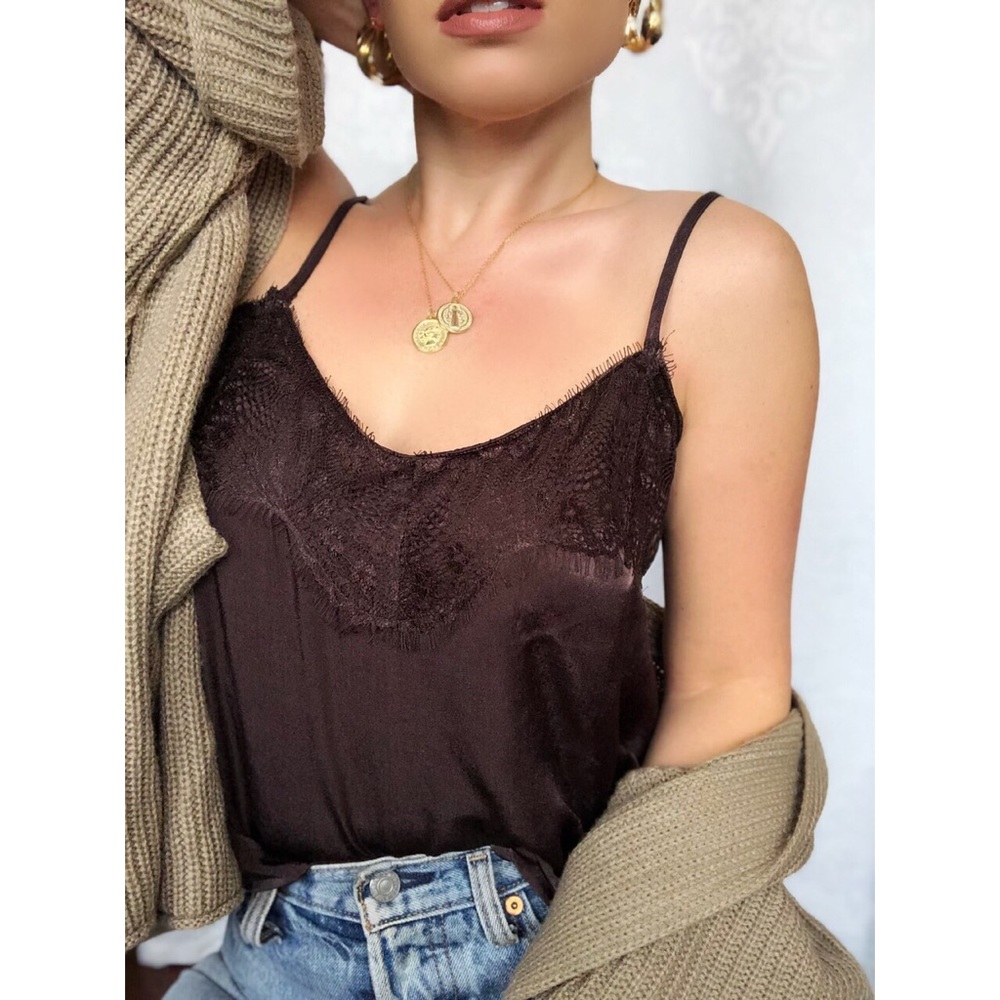 🆕Coralee Chocolate Brown Satin & Lace Cami Top - Picture 4 of 8